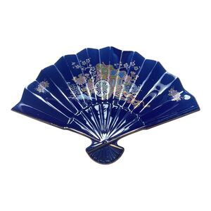 Vintage Cobalt Blue Japanese Fan Porcelain Dish Gold Trim Hand Painted VTG Decor